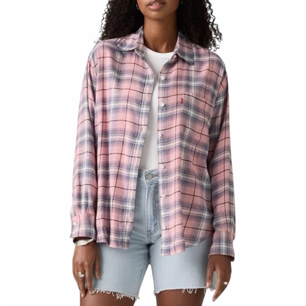 Levi’s Pink Plaid Button Down Shirt Size Medium Cotton Blend Casual Flannel Top
